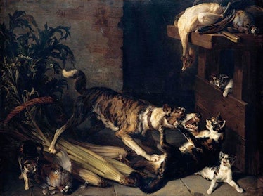 François Desportes - A Dog and a Cat Fighting in a Kitchen Interior - WGA06322