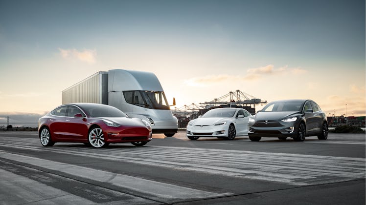 The Tesla lineup, featuring the Model S, Semi, 3 and X.