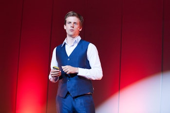 Kaspar Korjus speaking at a TEDx talk in 2016.