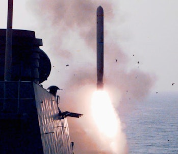 A Tomahawk cruise missile taking off in an undated photo from the U.S. Navy's files.