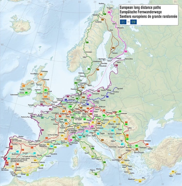 Map of Europe's long distance walking routes.