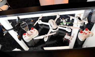 Drones on display at InterDrone, an international drone conference on September 8, 2016 in Las Vegas...