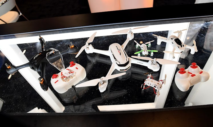 Drones on display at InterDrone, an international drone conference on September 8, 2016 in Las Vegas...