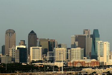 DALLAS, TX - JUNE 07: A general view of the skyline of downtown Dallas, Texas as the American Airlin...