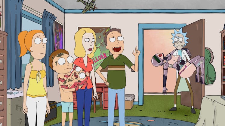 "Raising Gazorpazorp" scene with Rick, Morty, and Jerry