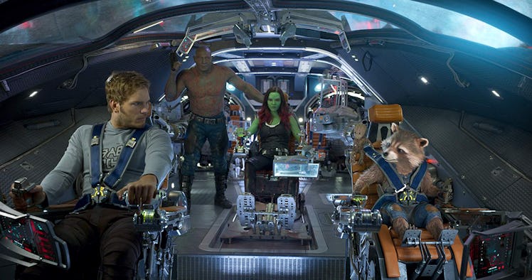 Chris Pratt, Dave Bautista, Zoe Saldana, Vin Diesel, and Bradley Cooper in Guardians of the Galaxy V...