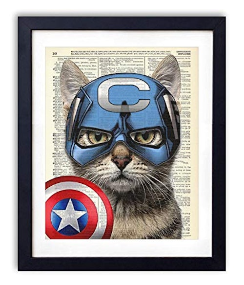Captain Cat America Super Hero Vintage Upcycled Dictionary Art Print - 8x10 inches