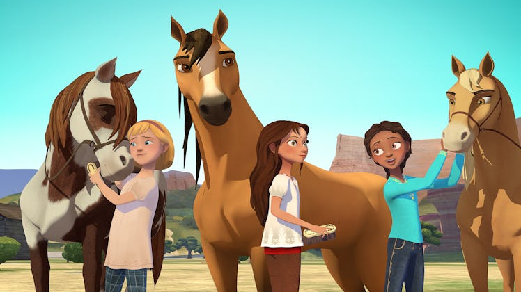 'Spirit: Riding Free' poster image showing three horses and three characters from the show