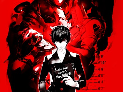 An illustration from the game Persona featuring Joker with a red background