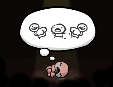 A character from 'The Binding of Isaac' lying and crying 
