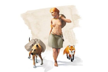 This artistic representation shows a Bronze Age human walking with a domesticated dog and fox. The d...