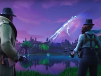 Two characters from Fortnite looking into the distance with a purple sky