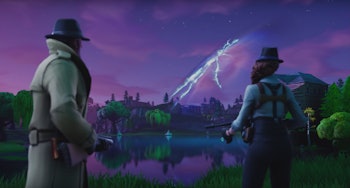 Two characters from Fortnite looking into the distance with a purple sky