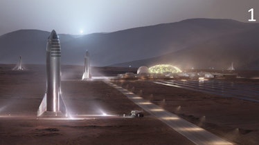 SpaceX's Starship, parked on a future Mars colony as envisioned by SpaceX CEO Elon Musk.