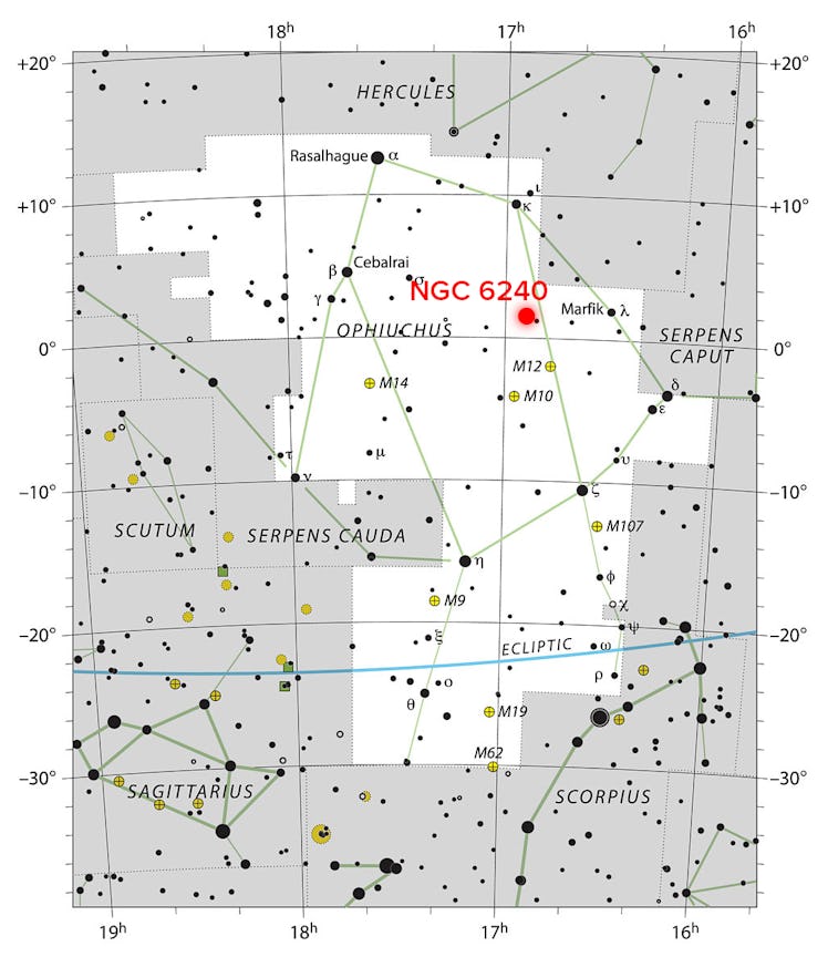 Star chart showing the location of the merging galaxy NGC 6240, in the constellation Ophiuchus. NGC ...