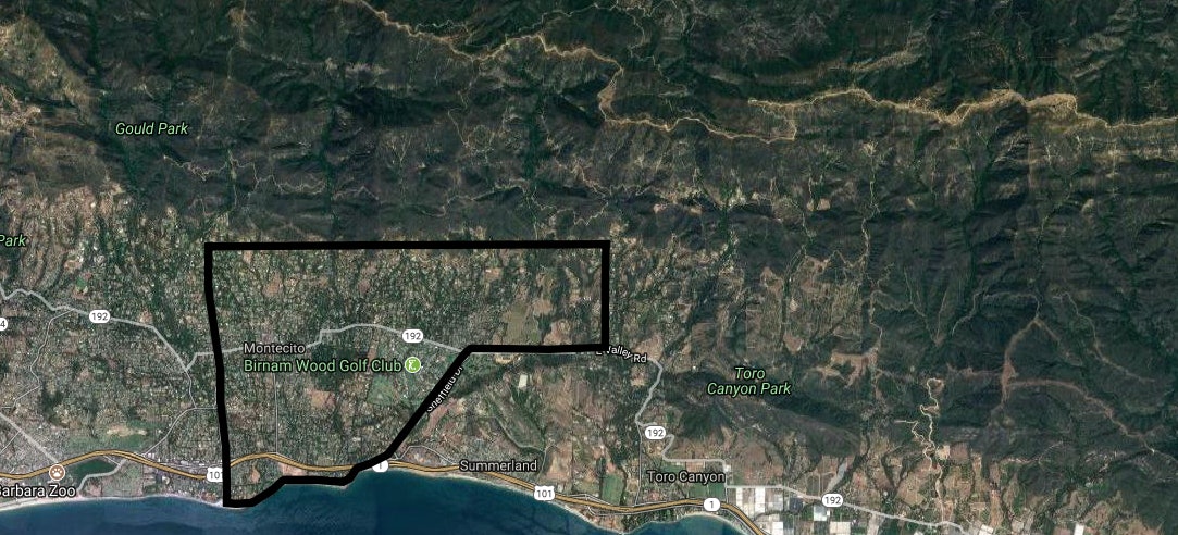 California Mudslides 7 Maps Pictures Of The Montecito Destruction   The Evacuation Zone For The Montecito Area Of Santa Barbara County 