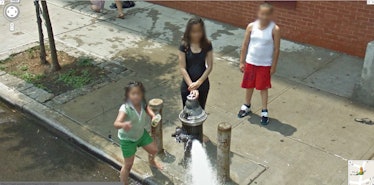 kids fire hydrant explosion dance summer new york city google street view map cars camera