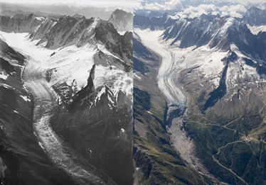 two photos of the same glacier, the right one has less ice