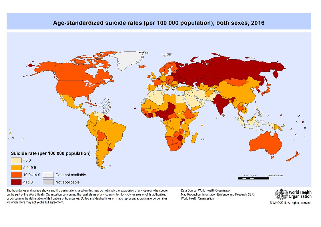 Study As Global Suicide Rates Rise Innovative Prevention Efforts Needed   This Map Shows The Suicide Rate Per 100000 People 