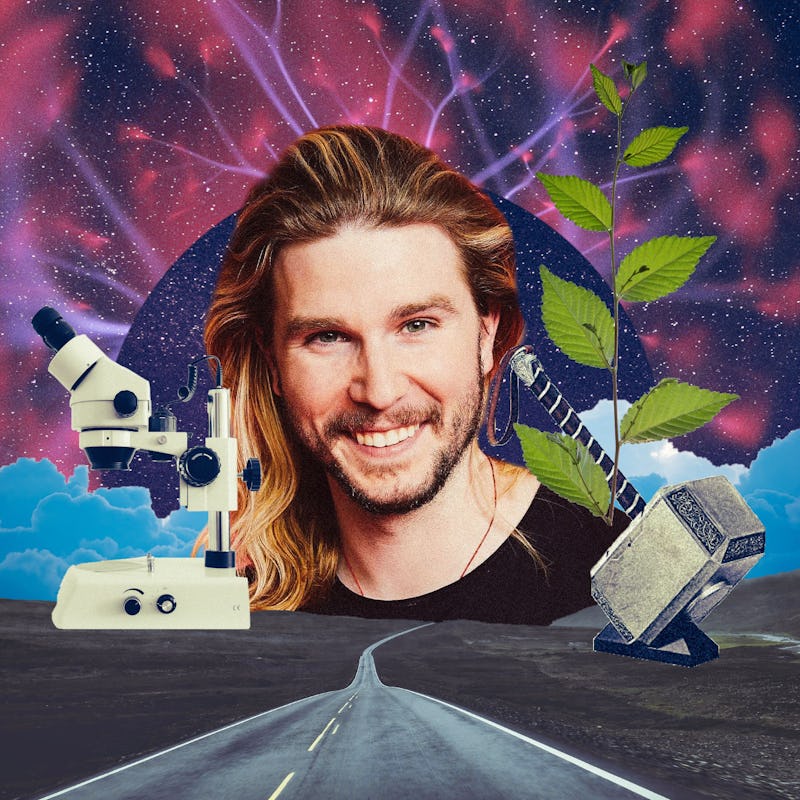 A collage with 'Because Science' host Kyle Hill