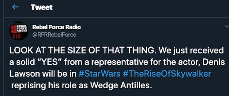 The tweet from Rebel Force Radio about Denis Lawson as Wedge.