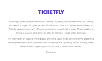 ticketfly hack announcment websites shut down