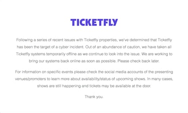 ticketfly hack announcment websites shut down