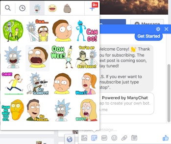 Simply select the stickers button in Facebook Messenger to use official 'Rick and Morty' stickers.
