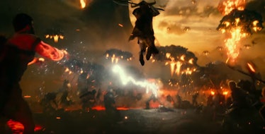 A lightning-wielding character who could be Zeus fighting Steppenwolf in 'Justice League'.