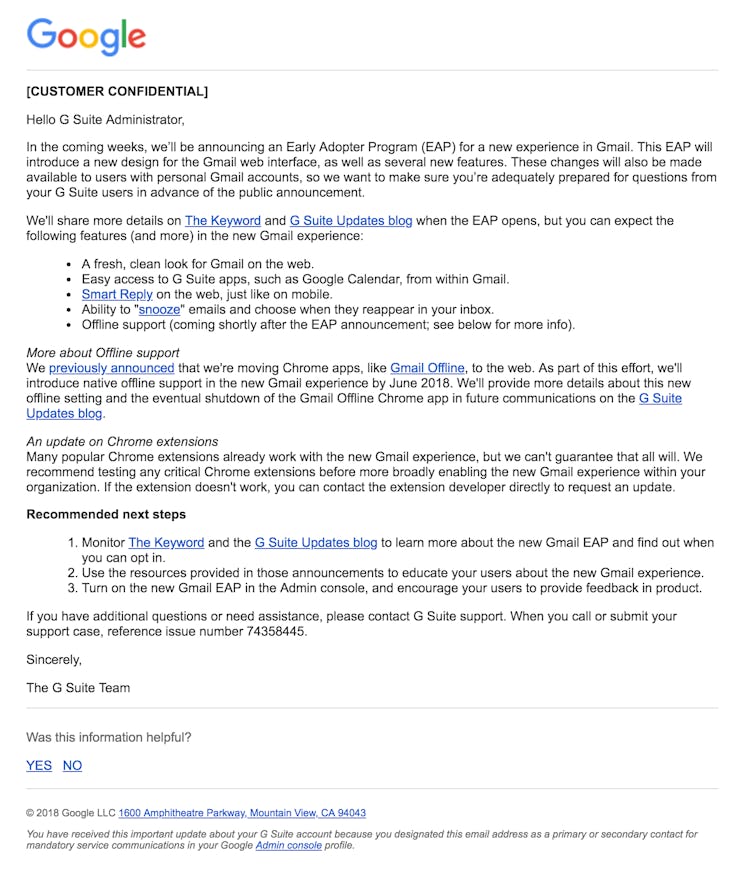 Google's email to G Suite customers