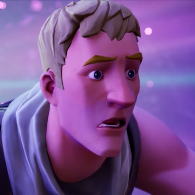 A blonde male customized character from the Fortnite game with a surprised facial expression
