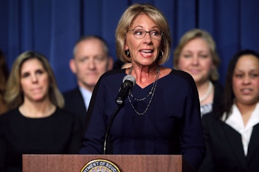 Education Secretary Betsy DeVos delivers remarks to employees on her first day on the job at the Dep...