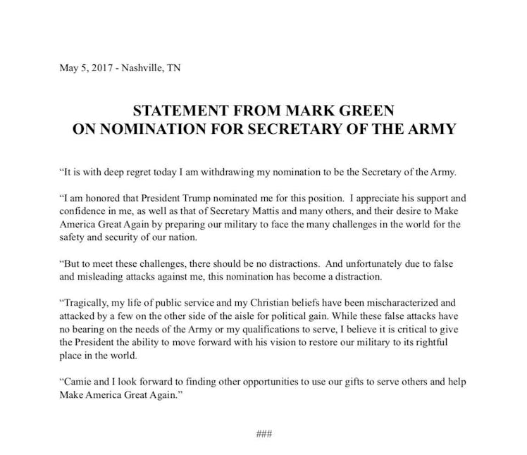 Mark Green's statement withdrawing himself from the nomination for Army Secretary.