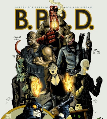 Hellboy (up top), Ben Daimio (center right), along with other members of the BPRD.