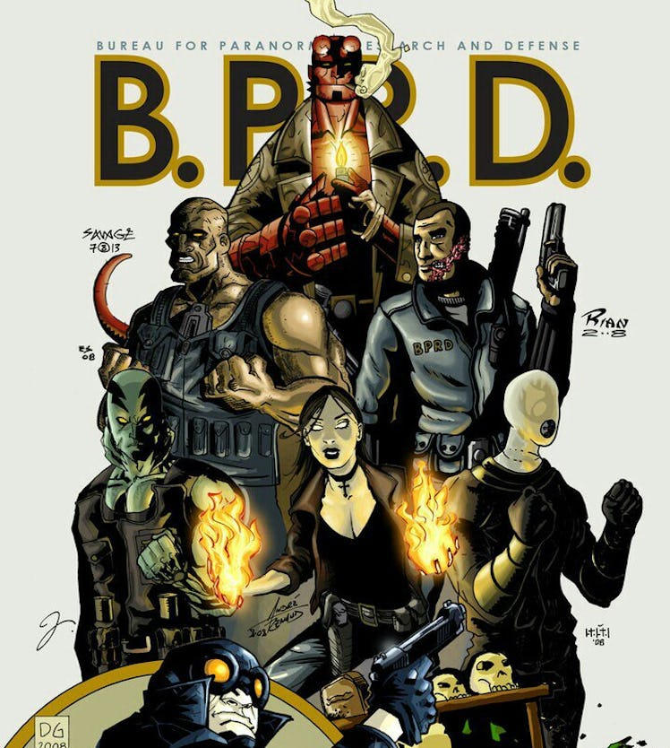 Hellboy (up top), Ben Daimio (center right), along with other members of the BPRD.