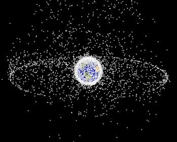 A computer-generated image of objects in Earth orbit that are currently being tracked. Approximately...