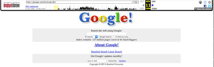 The earliest version of the Google search engine, as stored by the Internet Archive’s Wayback Machin...