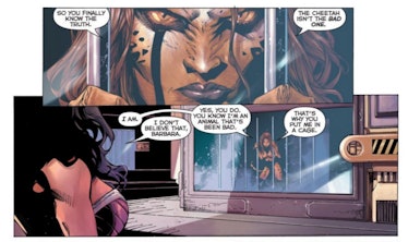 A scene from the 'Justice League' comic where Cheetah's true backstory is revealed.