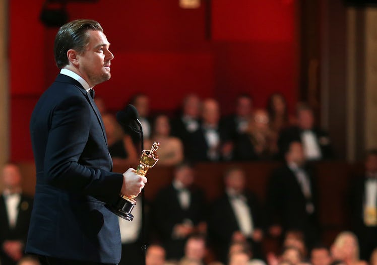 HOLLYWOOD, CA - FEBRUARY 28: Actor Leonardo DiCaprio accepts the Best Performance by an Actor in a L...