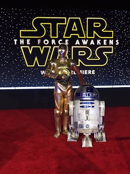 C3PO and R2D2 arrive at the world premiere of "Star Wars: The Force Awakens" in Los Angeles.