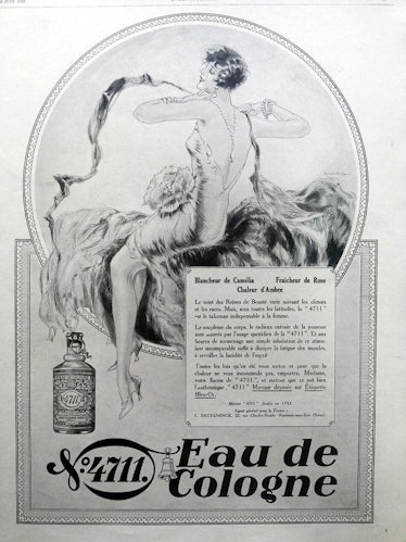 An advertisement of an early Eau De Cologne, worn by all genders.