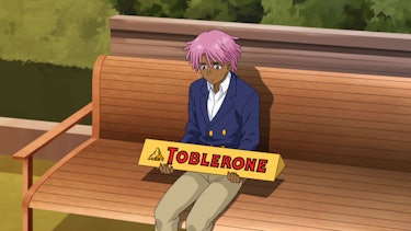 Kaz Kaan holds a Toblerone Jumbo in the anime-inspired Netflix series, 'Neo Yokio'.