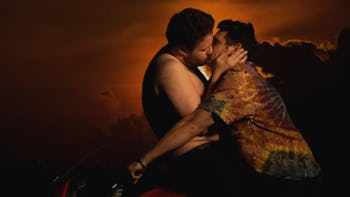 Famous Hollywood actor James Franco passionately kissing his college and friend Seth Rogen 