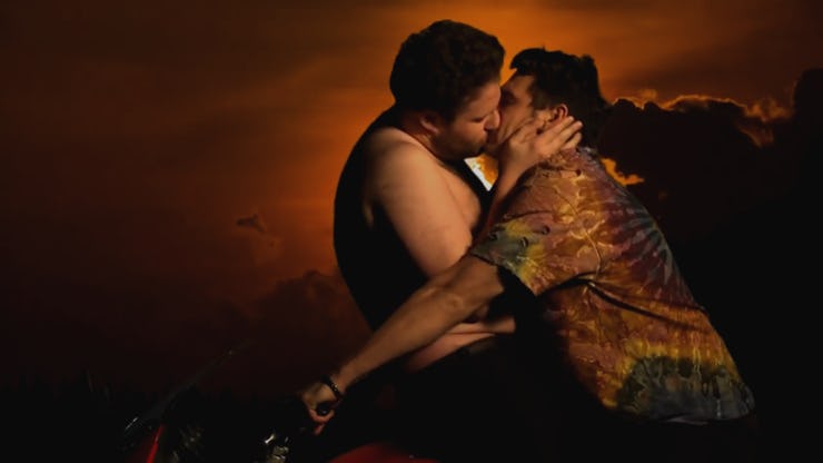 Famous Hollywood actor James Franco passionately kissing his college and friend Seth Rogen 