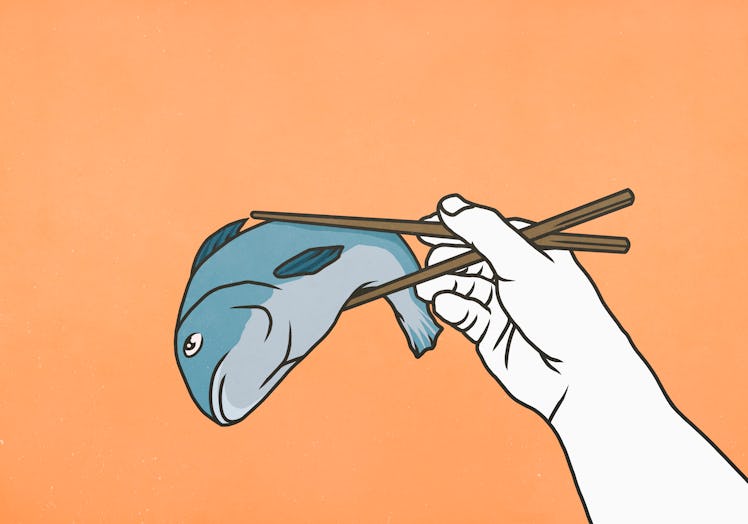 Illustration of a hand holding a fish with chopsticks