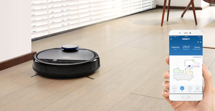 Collage of ECOVACS DEEBOT OZMO 930 smart robotic vacuum and Google Home app