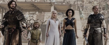 Daario, Tyrion, Daenerys, Missandei and Jorah in a scene in the Game of Thrones show