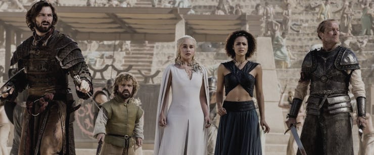 Daario, Tyrion, Daenerys, Missandei, and Jorah in a scene in the "Game of Thrones" show