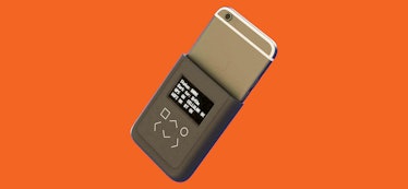 A brown iPhone case on an orange background