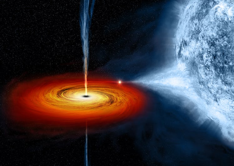 The black hole named Cygnus X-1 formed when a large star caved in. This black hole pulls matter from...